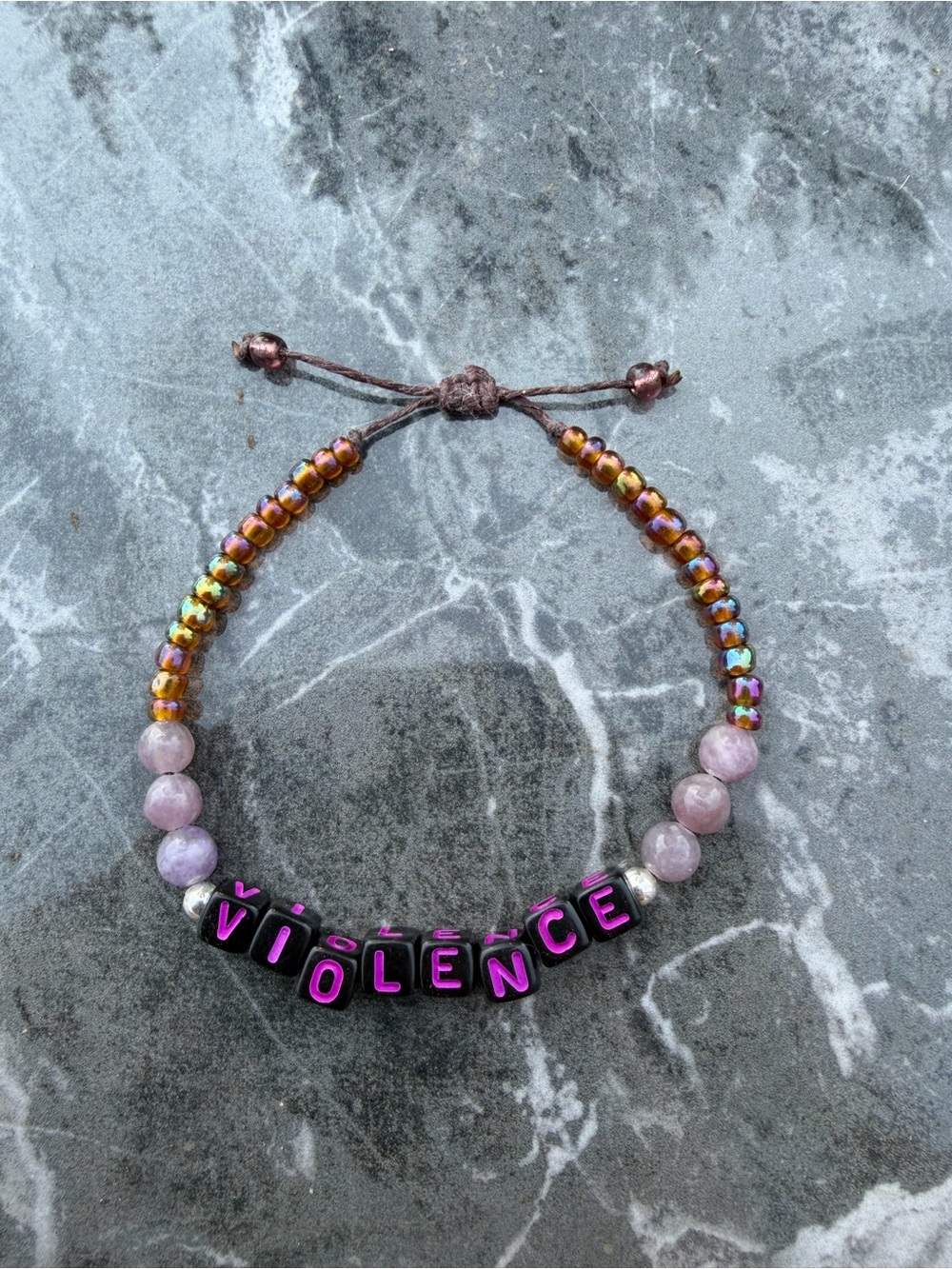 Beaded 'VIOLENCE' Letter Bracelet in Purple with gemstone beads Fourth Wing